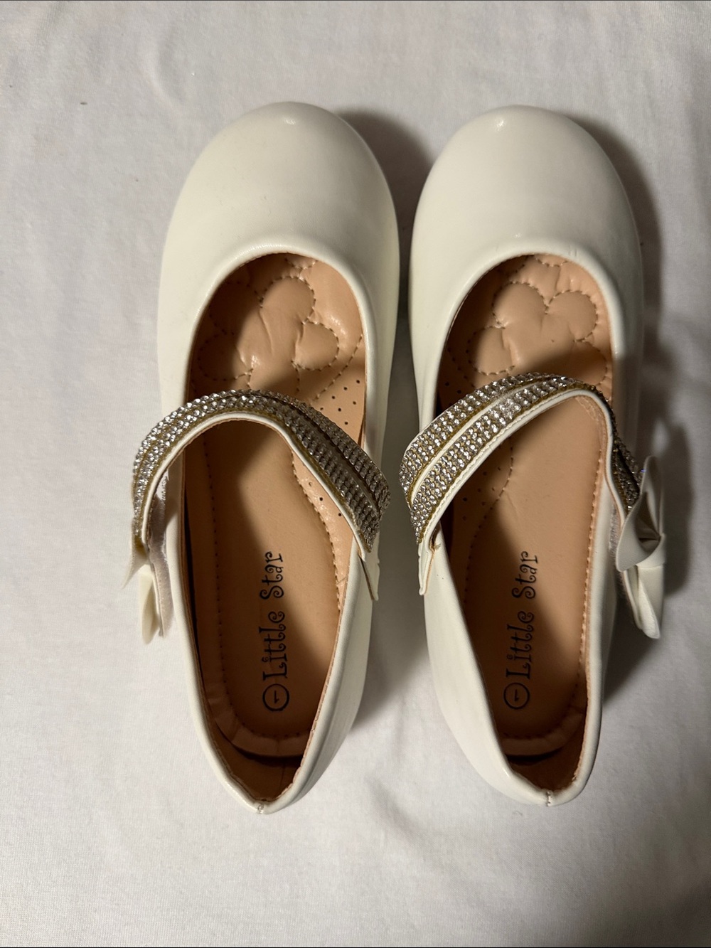 White Girls' Dress Mary Janes with Rhinestone Strap